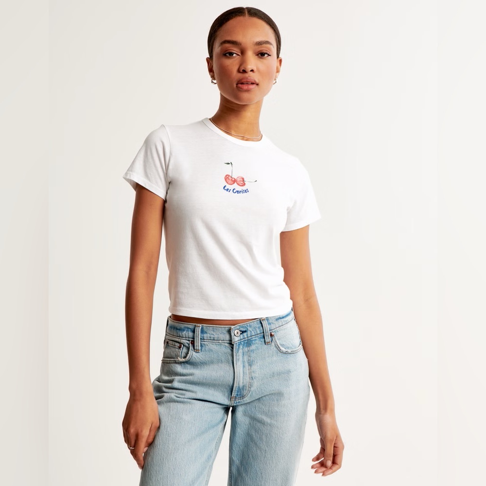 Abercrombie Cherry Graphic Tee White Y2K Baby Tee Slim Fit XXS - Picture 6 of 9